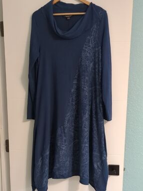 Luukaa Night Blue Cowl Neck Stretchy Boho Lagenlook Tunic Dress Side Pockets L